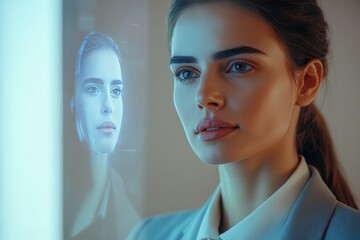 Businesswoman in a suit is observing her holographic face projected on a futuristic transparent screen, showcasing the advanced capabilities of facial recognition technology