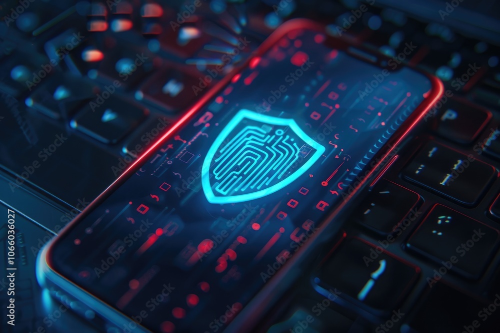 Poster high-tech digital image showing advanced encryption and cyber security on a sleek phone. symbolizing