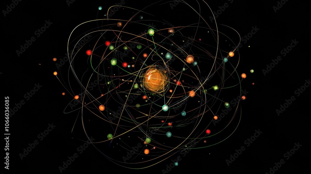 Poster vibrant atomic structure with colorful orbits and particles