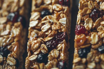 Four bars of homemade granola bar with raisins, pecans and other nuts. A healthy snack alternative.
