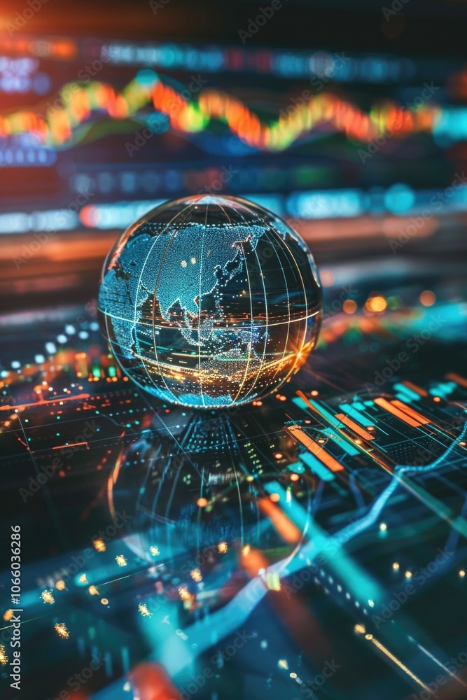 Poster glowing circuit board with digital globe symbolizing global technology and international connectivit