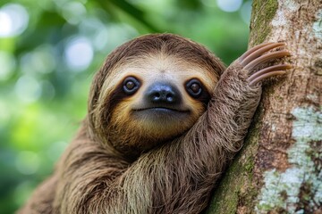A sad looking sloth hanging on a tree branch. Animal conservation and habitat protection are key issues for species like this.