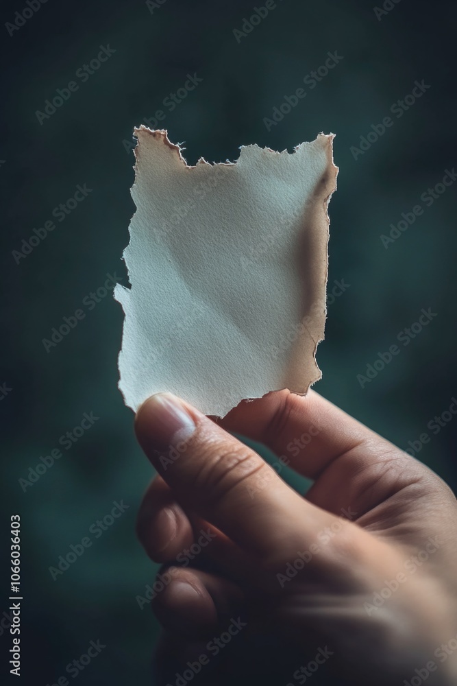 Poster hand holding a piece of paper with a hole in it. the paper is torn and crumpled, and the hand is hol