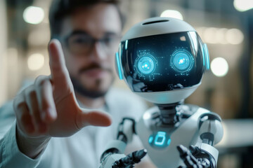 Robotics engineer programming futuristic humanoid robot with artificial intelligence using augmented reality software in modern laboratory