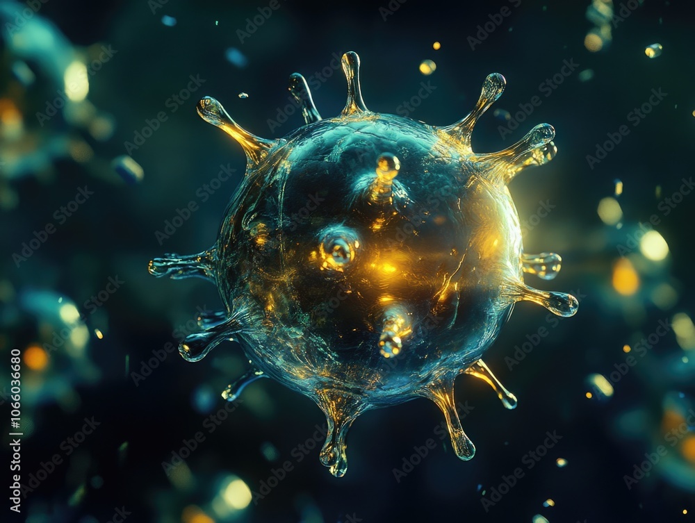 Poster the virus is golden in color and appears to be encased within a crystal-like substance.