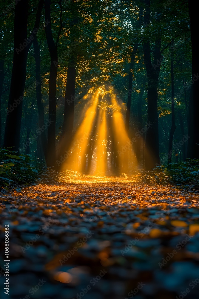 Poster a serene forest scene with sunlight filtering through trees, creating a magical atmosphere.