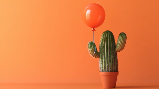 Cactus holding a balloon on a solid desert orange background with copy space