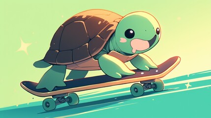 Cute illustration of a turtle skateboarding on a solid green background