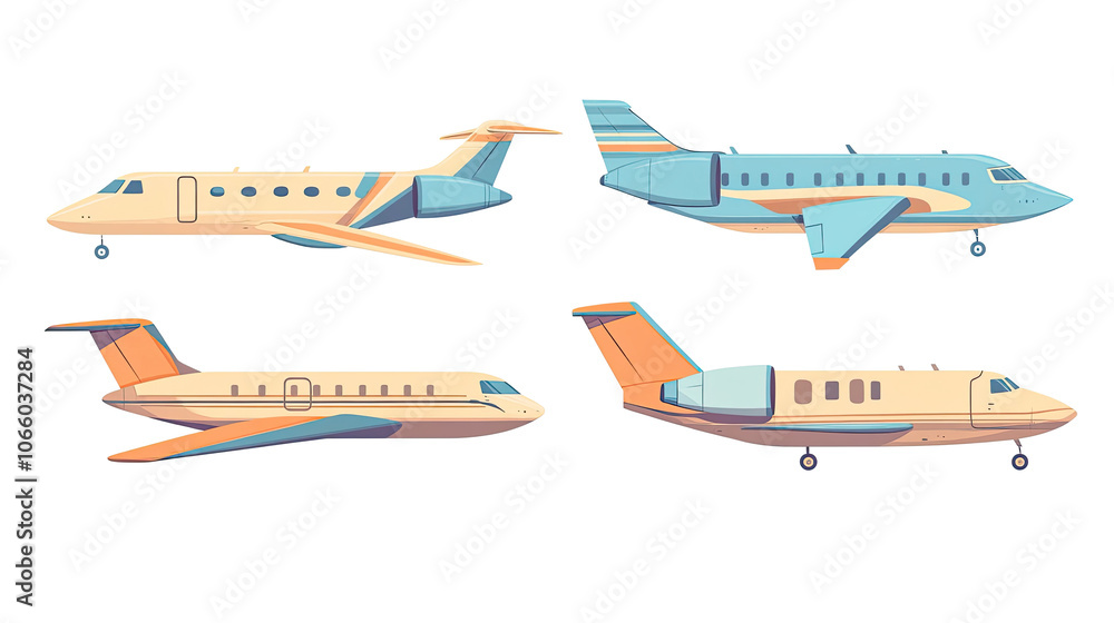 Poster close-up views of various flying airplanes on a transparent background generative ai
