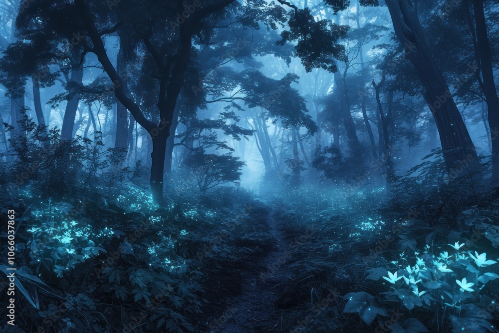 Poster a mysterious forest path with glowing flowers in the moonlight, with dense fog obscuring the way.