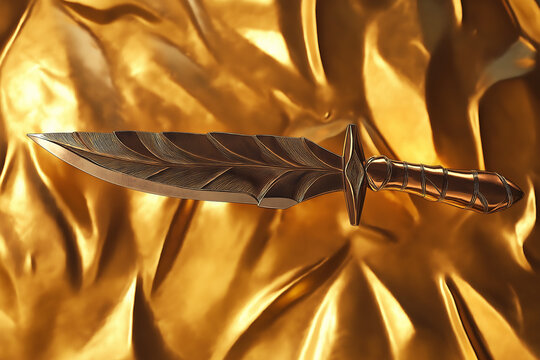 Bronze Dagger with Leaf-Shaped Blade Suitable for Cutting &ndash; 3D Copper Pugio on Gold Background