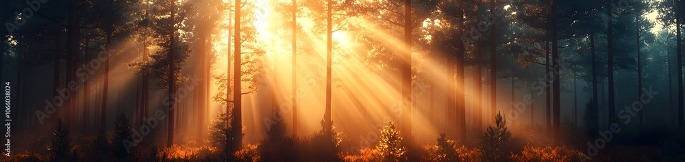 Poster a serene forest scene with sunlight streaming through trees, creating a tranquil atmosphere.