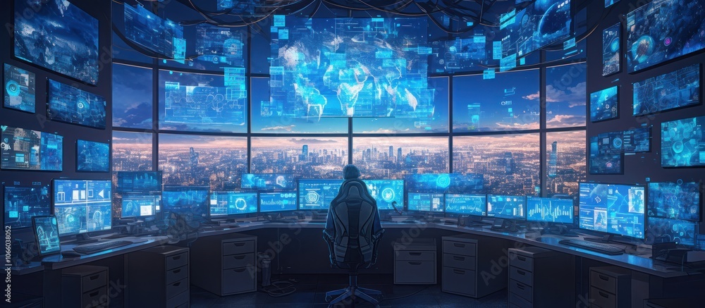 Poster a lone figure sits in front of a wall of monitors displaying data and a city skyline.