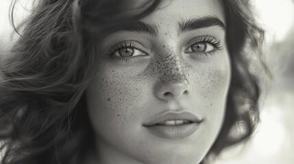 Fototapeta premium A young woman with freckles, wearing makeup, looking at the camera.
