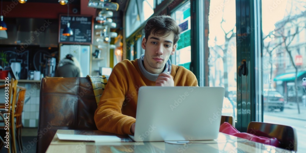 Aufkleber man with focus on work at cafe table with laptop. technology in use. indoor setting.
