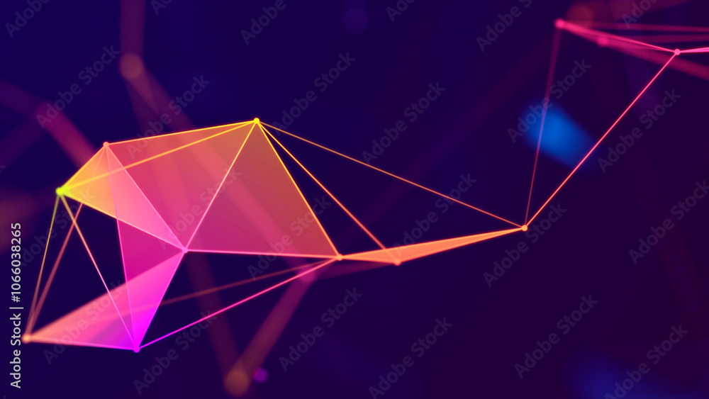 Poster Abstract polygonal space with connecting dots and lines. Dark background. Connection structure. 3d