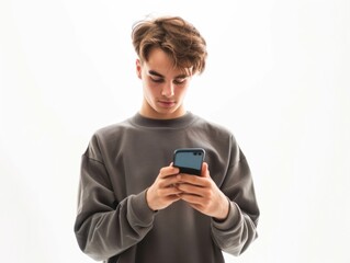 Fototapeta premium A young boy looking at a phone. He appears to be texting or browsing.