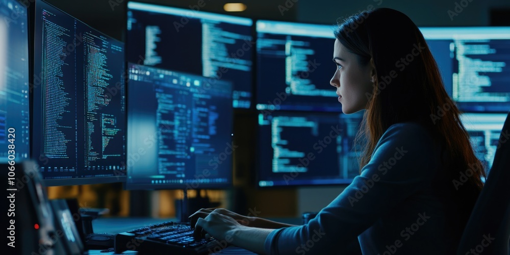 Poster woman is sitting in front of a computer with four monitors, typing on a keyboard. concept of focus a