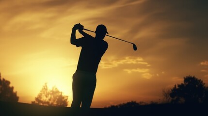 The image captures a golf player taking a swing at the sunset.