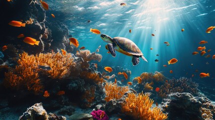 Fototapeta premium Underwater view of a coral reef with a sea turtle swimming through it. Colorful fish and vibrant marine life.