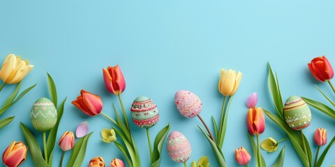 Colorful Easter flowers on a blue wall. Decorative arrangement with pastel colored eggs in tulips.