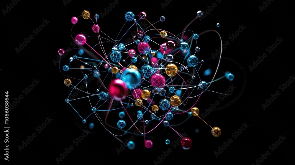 Poster colorful atomic structure with dynamic particles