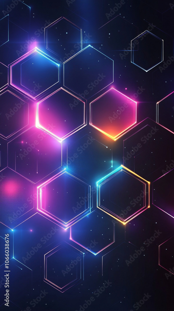 Leinwandbilder Neon hexagons illuminate a digital space in an abstract technological background