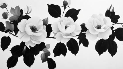 Fototapeta premium Black and White Floral Illustration of a Rose Branch with Three Flowers