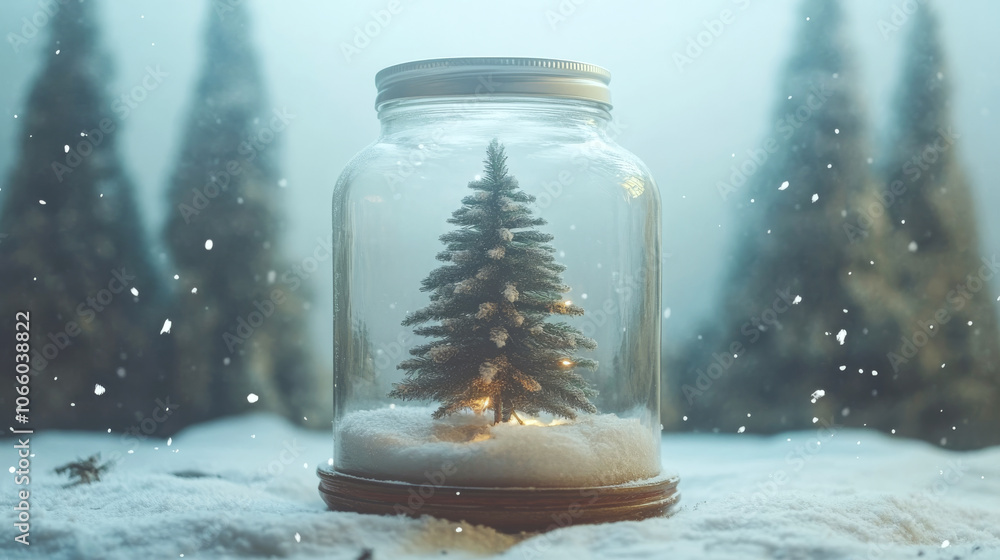 Poster a small decorated tree is displayed inside a jar on a snowy surface, surrounded by larger trees and 