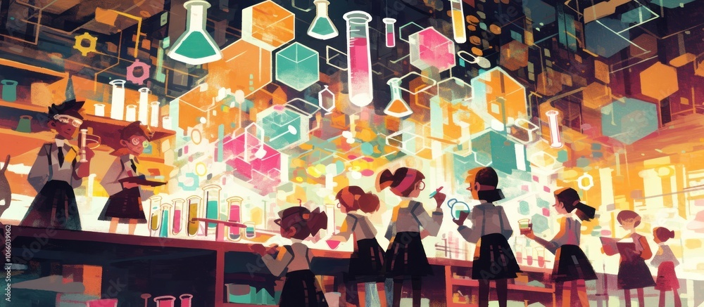 Poster a group of girls wearing school uniforms in a science lab, experimenting with beakers and flasks, su