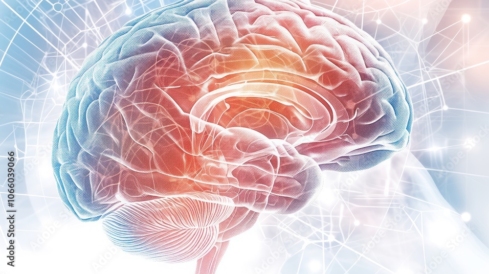 Poster a detailed 3d rendering of the human brain with a network of connections.