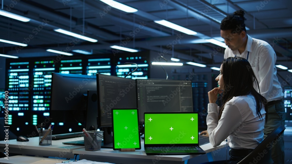 Poster engineers in data center monitoring security threats using chroma key devices. experts using isolate