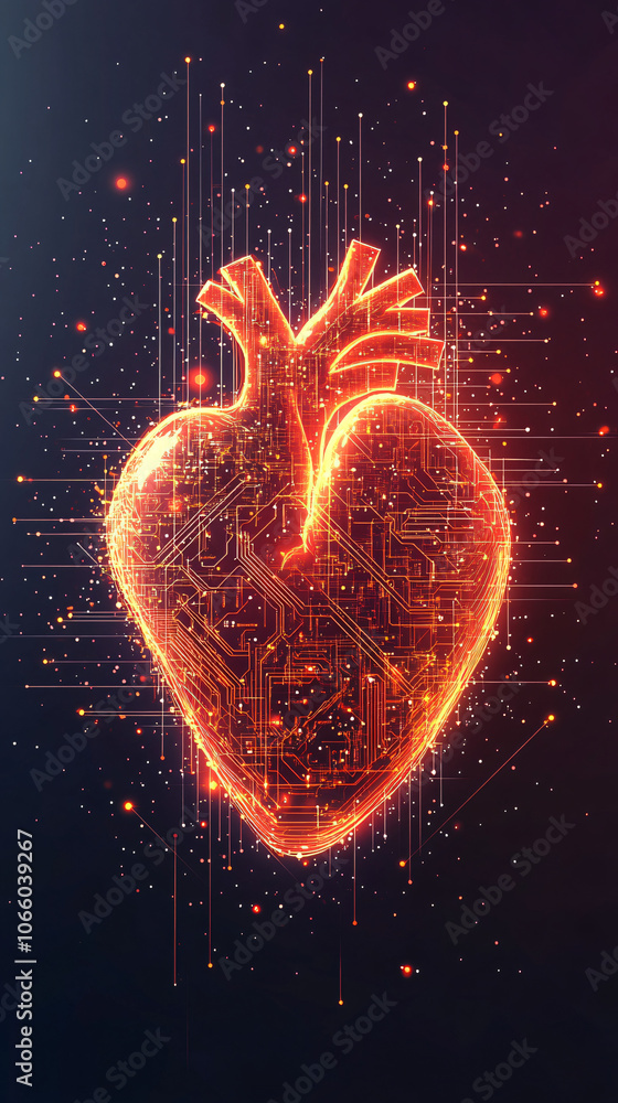 Poster the significance of artificial intelligence in modern healthcare shown through a glowing human heart