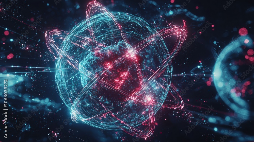 Poster abstract atomic structure with glowing particles