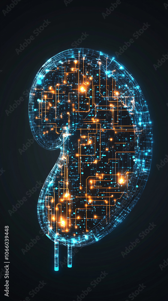 Poster digital circuit board in the shape of a human kidney, symbolizing the role of artificial intelligenc