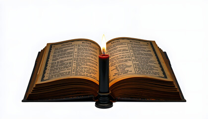 Obraz premium Open old book with magic spells, runes, black candle isolated with white highlights, png