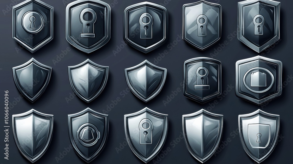 Poster collection of security shield icons on dark background