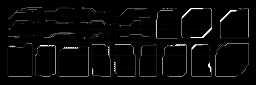 Abstract futuristic frame outline set elements vector. UI, GUI, KIT Tech graphic shape collection.