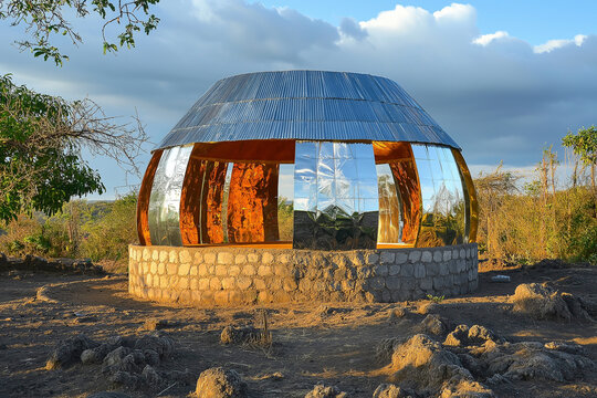 Ethiopian Tukul Roundhouse with Mirrored Stainless Steel Cladding &ndash; Traditional Meets Modern Reflection