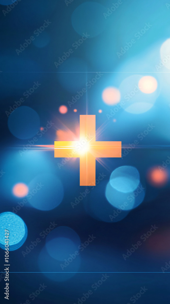 Poster radiant golden cross shines against a soft blue background with bokeh lights, embodying christian be