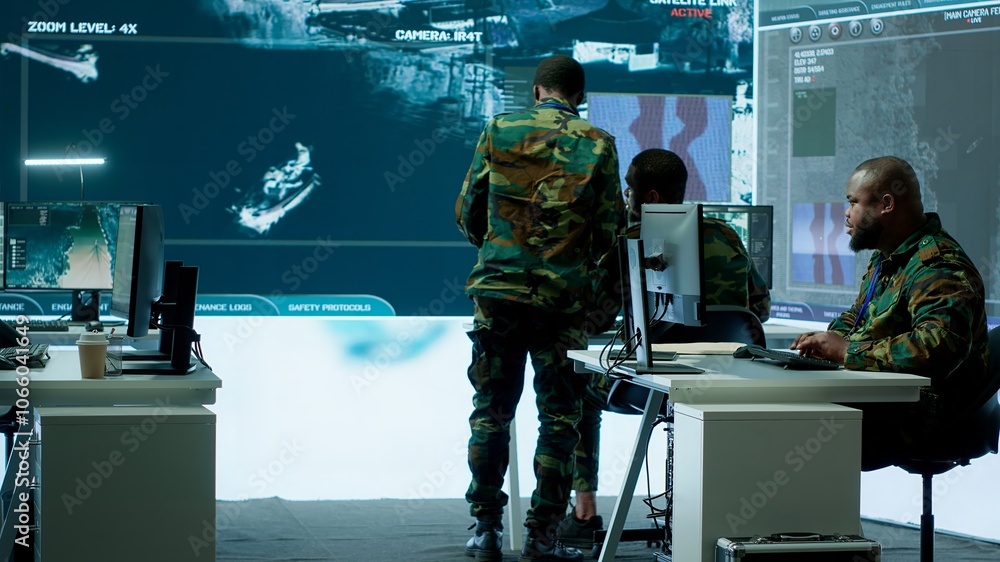 Poster officer managing surveillance cctv system with data analysis and processing, gathering real time int