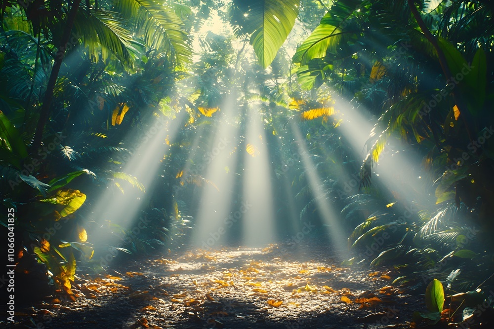 Poster a serene jungle scene with sunlight filtering through lush greenery, creating a tranquil atmosphere.