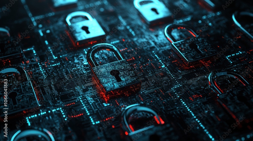 Poster digital security locks on circuit board background