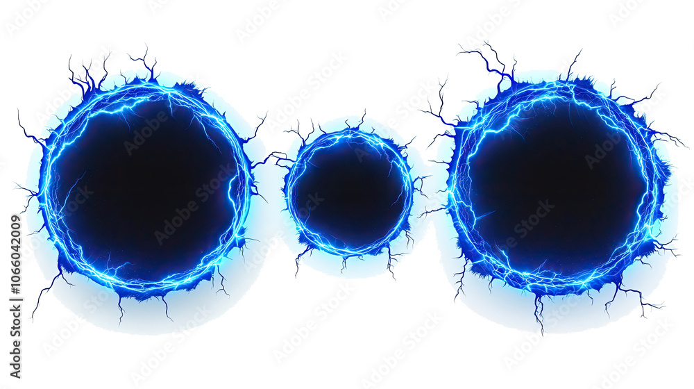 Poster electric blue lightning round frames with plasma portal effect generative ai