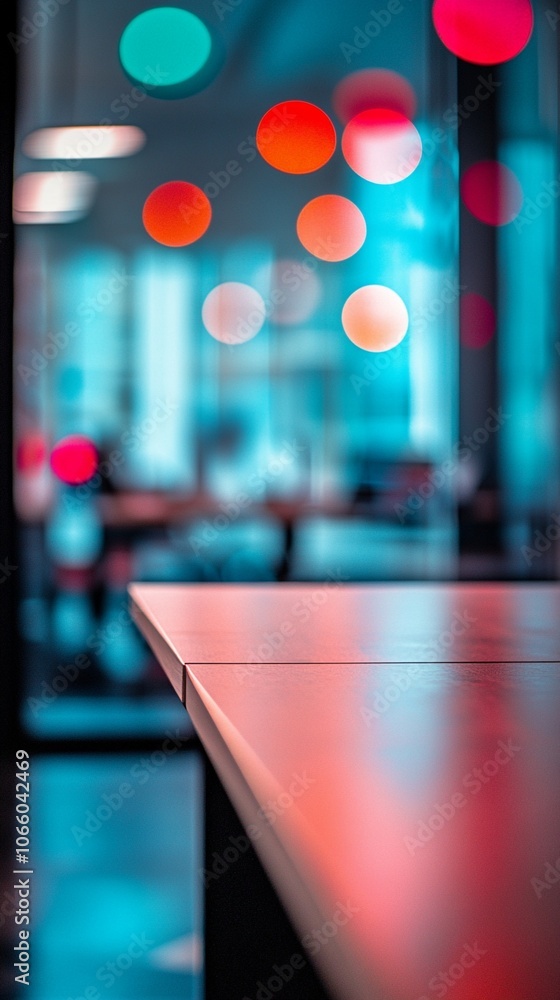 Poster vibrant bokeh lights dance above a sleek table surface, creating a mesmerizing blend of teal and red