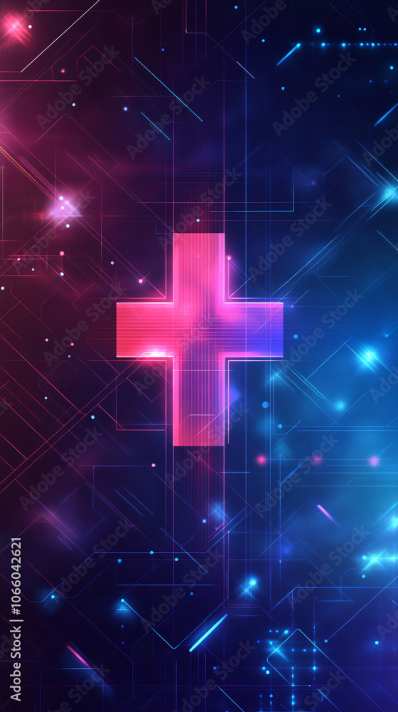 Poster faith and technology intersect in a glowing neon cross on a dark background with a circuit board pat