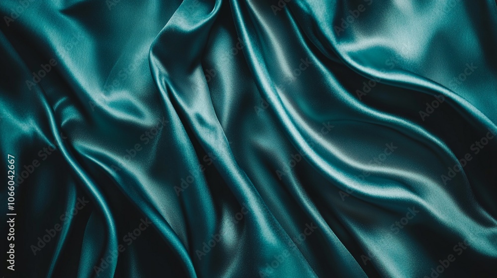 Poster luxurious teal satin fabric with soft folds and creases, creating an elegant and sensual texture. cl