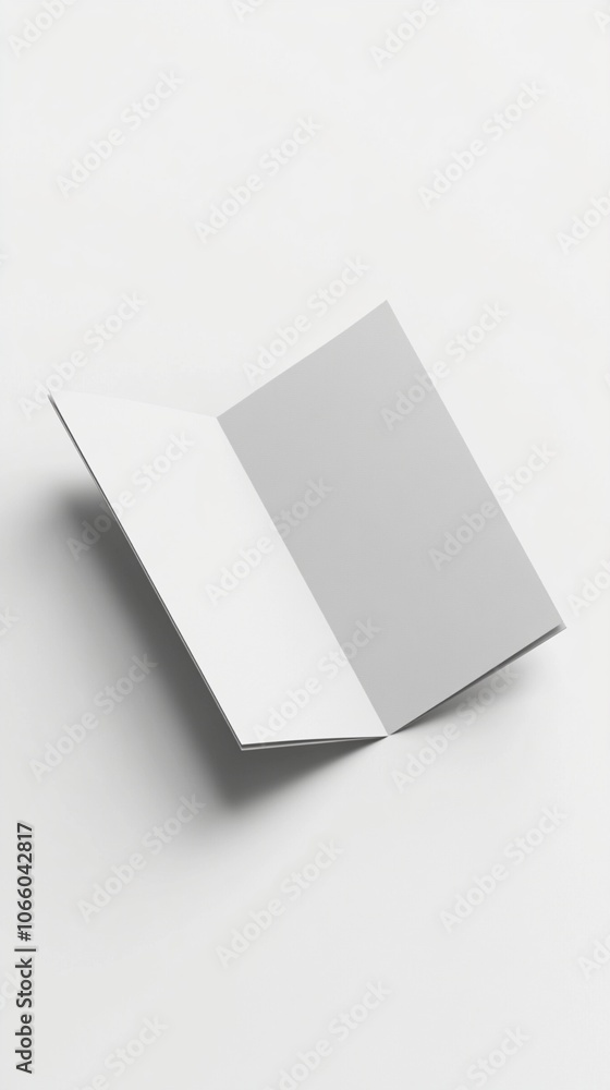 Poster minimalist white folded paper card standing on edge, casting subtle shadow against plain background,