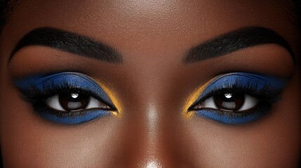 Naklejka premium Close up of a woman's eyes with blue and yellow eyeshadow.
