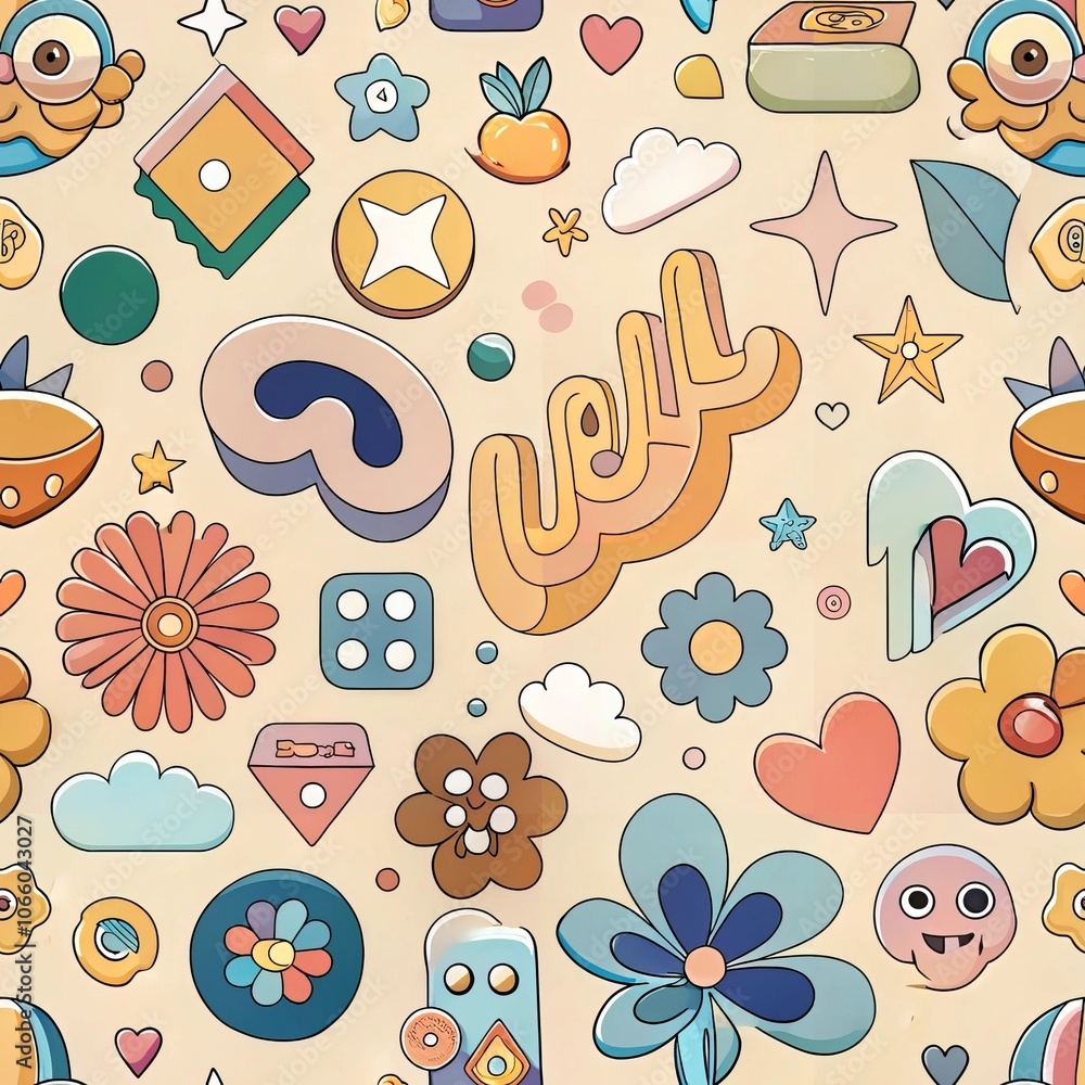 Poster playful retro pattern with colorful shapes and whimsical designs